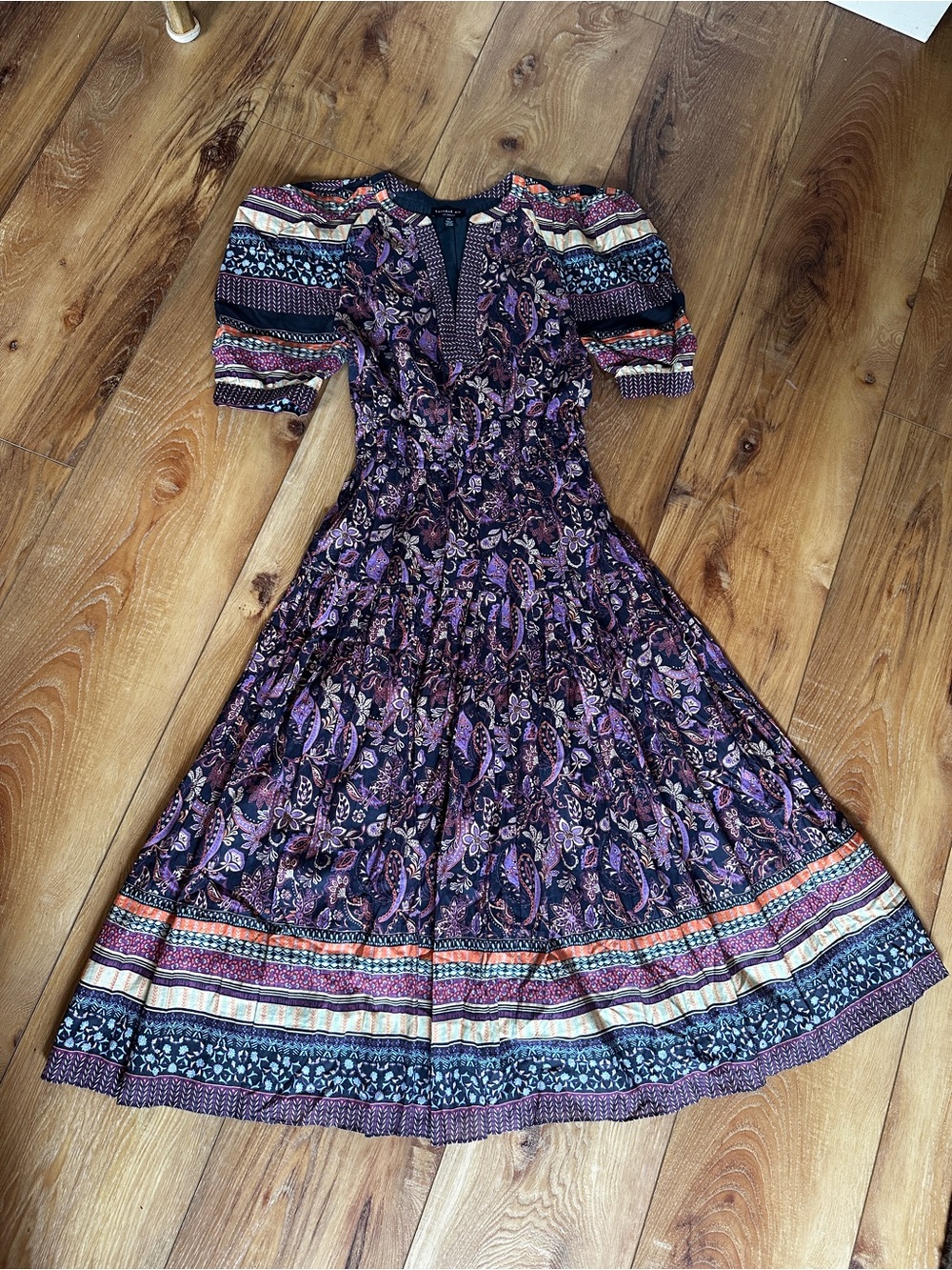 Avara Current Air Bohemian Purple Paisley Midi Dress with Puff Sleeves XS